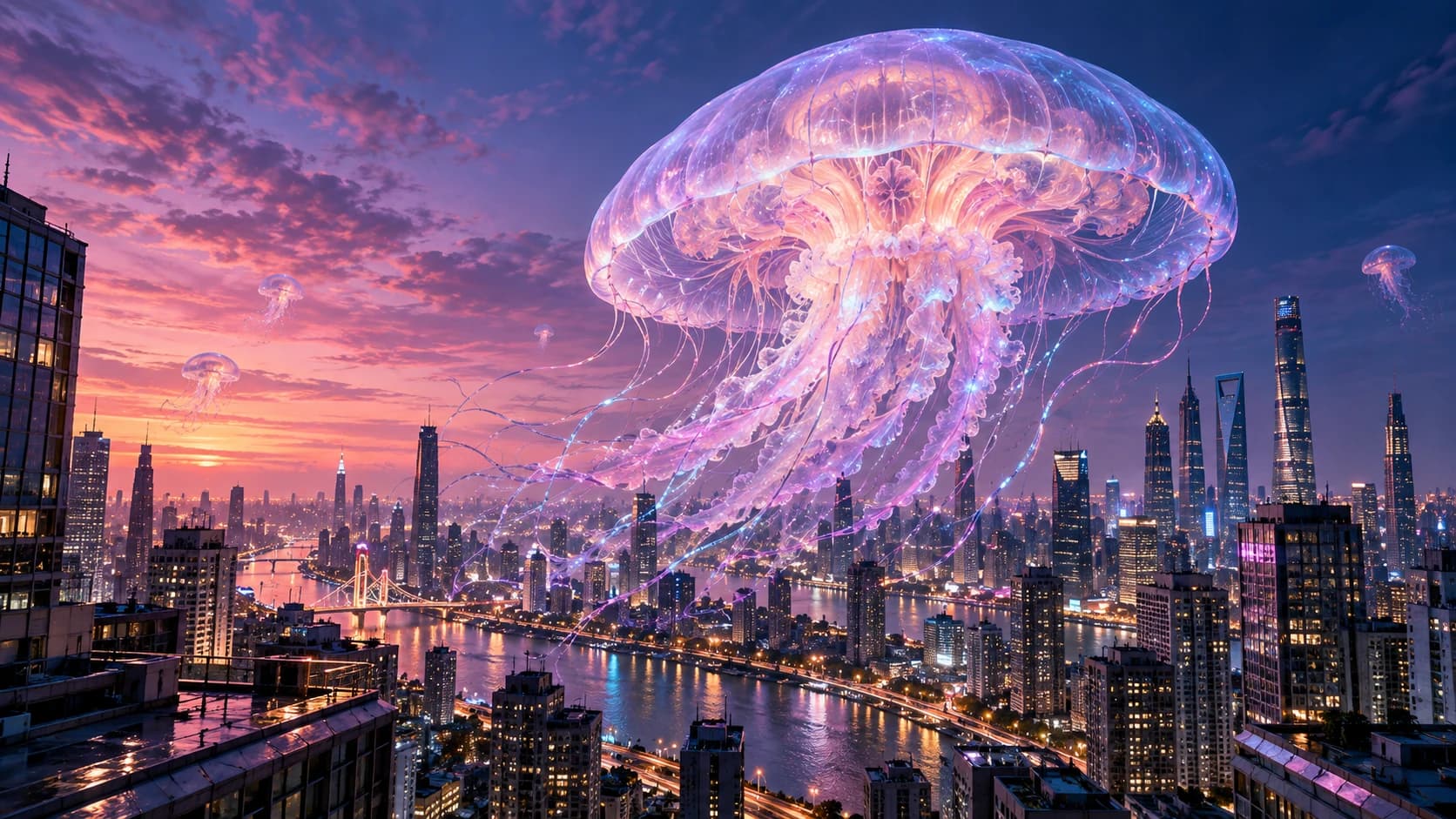 預製示意作品:暮色城市與河流上空漂浮著散發粉紫光芒的巨型水母